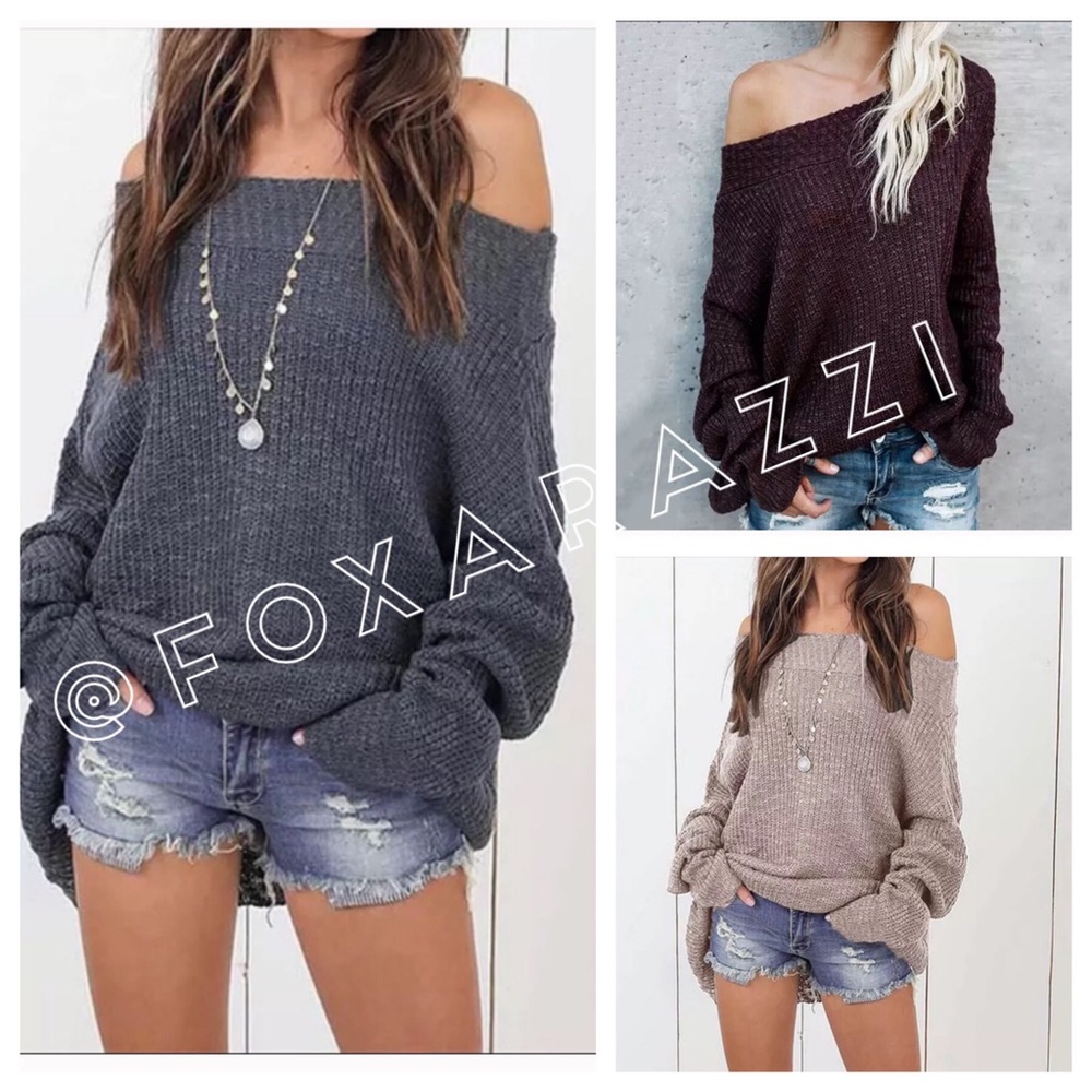 Slate Gray Slouchy Off Shoulder Oversized Sweater - Picture 3 of 5